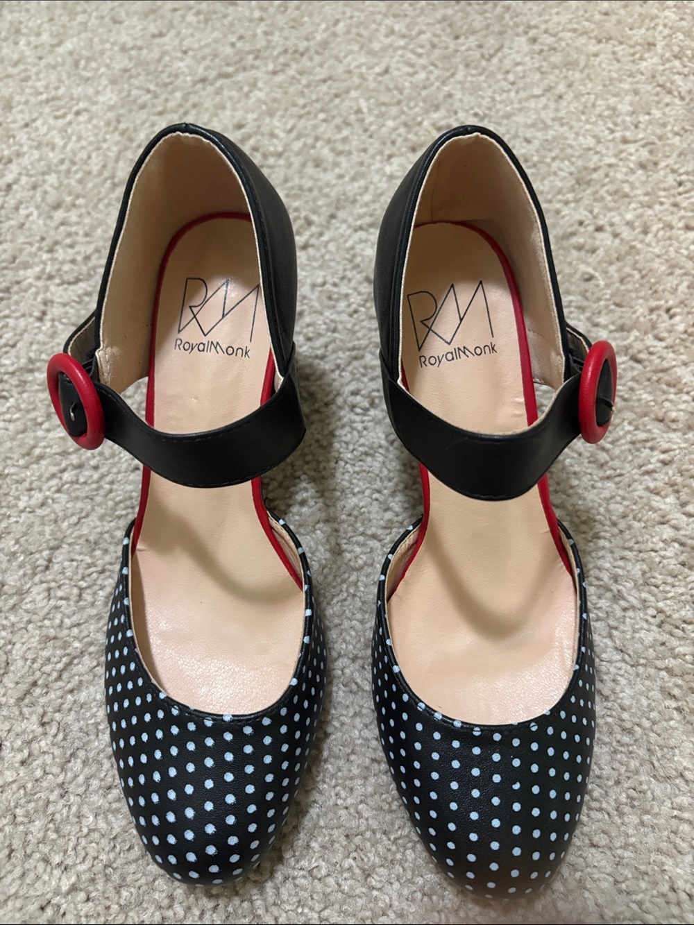 Black Polka Dot Mary Jane Heels with Red Trim